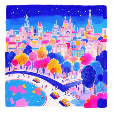 An abstract cityscape created using Ibis Paint, with bright lights and stylized buildings.