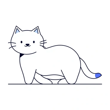 A cat designed using minimal geometric forms. The body of the cat is composed of a large oval shape for the torso, with a smaller circle for the head. The ears are represented as two triangles positioned at the top of the head. The eyes are two small circles, and a simple line forms the mouth. The tail is a long, curved line extending from the back of the body. The cat is depicted standing on a flat surface.