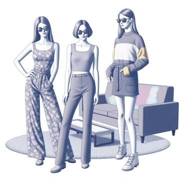 A group of models poses in a vintage setting reminiscent of the 1970s. Each model is dressed in distinct outfits characteristic of that era. One model wears a patterned bell-bottomed jumpsuit, while another showcases a high-waisted denim skirt paired with a colorful, oversized sweater. Accessories include large round sunglasses and platform shoes. The background features retro furniture, such as a shag rug and a vibrant couch, adding to the nostalgic feel of the scene. The atmosphere captures the essence of a '70s lifestyle, emphasizing fashion and style from that time period.