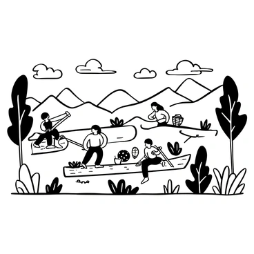 A group of Native Americans is crossing a river using makeshift rafts made from logs and branches. The rafts are floating on the water, while some individuals are paddling with long sticks. Others are standing or sitting on the rafts, carrying woven baskets and blankets. The riverbanks are lined with trees and various plants, depicting a natural landscape. In the background, there are distant hills providing a sense of depth. The sky above is depicted with various clouds, adding contrast to the scene.