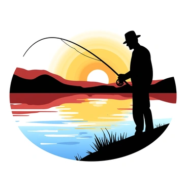 A black silhouette of a fisherman is standing on the edge of a tranquil body of water, casting his fishing line into the water. The sun is setting in the background, creating a vibrant gradient with hues of orange and yellow reflecting on the surface of the water. The fisherman is wearing a hat, and his posture shows focus and concentration as he prepares for a catch. The scene is framed by the outline of distant hills under a glowing sky.