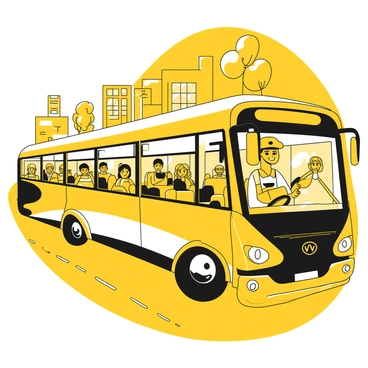 A bus driver with short black hair, wearing a yellow cap and a uniform shirt, is smiling warmly at passengers from behind the wheel of a new bus. The bus has sleek black details and large windows, allowing a view of the interior. Passengers can be seen in their seats, some waving back at the driver. The driver's hands are on the steering wheel, and a city street is visible through the windshield, with buildings and trees in the background.
