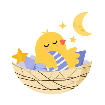 A baby chick with soft yellow feathers is wearing blue and white striped pajamas. The chick is nestled in a cozy nest made of twigs and soft hay. There are small pillows and a tiny blanket within the nest, adding to the comfort. The chick has a sleepy expression, with its eyes half-closed, as it prepares for bedtime. A small nightlight shaped like a star glows gently beside the nest, casting a warm light. A moon and stars are visible in the background, enhancing the bedtime atmosphere.