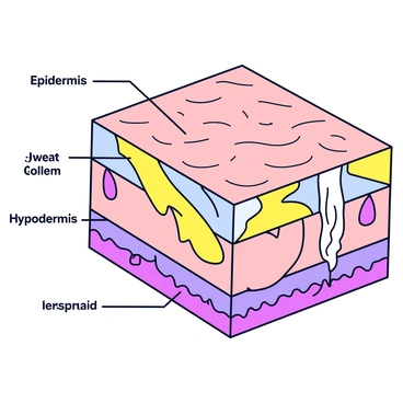 An illustration showing the different layers of human skin. The image clearly outlines the epidermis, the outermost layer, with a textured surface. Below it is the dermis, featuring visible hair follicles and sweat glands. The hypodermis is represented beneath the dermis, displaying a layer of fat cells. Each layer is labeled with clear, bold text, and the overall design is minimalistic with simple colors to differentiate the layers.