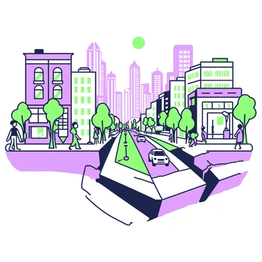 A bustling city is depicted, filled with tall buildings and busy streets. People are walking along the sidewalks, going about their day. The scene features a fault line running beneath the city, visible by the distorted streets above it. The pavement has cracks and uneven surfaces, with some sections visibly misaligned. Cars are navigating through the twisted roads, and in the background, a skyline of skyscrapers stands tall under a bright sky. The overall atmosphere conveys the vibrancy of urban life alongside the impact of geological forces.
