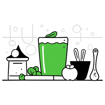 A glass filled with a thick green smoothie sits on a kitchen counter. The smoothie is topped with a single basil leaf resting on the surface. Surrounding the glass, there are various kitchen utensils and a cutting board with fresh ingredients like spinach and fruits. Lightly designed kitchen tiles form a backdrop, adding texture to the setting.