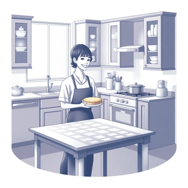 A kitchen interior filled with warm, inviting details. There is a wooden table in the center with a checkered tablecloth. A person stands at the table, holding a "freshly baked pie" with both hands, smiling proudly. The pie is golden-brown, with steam rising gently from its surface. Behind the person, there are cabinets filled with dishware, and a pot is simmering on the stove. Various kitchen utensils and ingredients are arranged neatly on the countertop. Light streams in through a window, illuminating the cozy atmosphere.