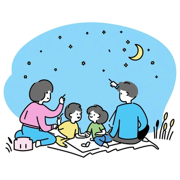 A family of four is sitting together at the edge of a marsh. They are all looking up at the night sky filled with stars. The parents, a man wearing a blue jacket and a woman in a red sweater, are sitting on a picnic blanket. The two children, a boy in a green t-shirt and a girl in a yellow dress, are laying down beside them, pointing at the constellations. The marsh is calm, with tall grasses gently swaying in the breeze. The sky is clear, displaying a multitude of stars, with a prominent crescent moon illuminating the scene.