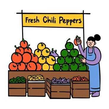A bustling market stall filled with an array of fresh chili peppers stacked high in vibrant colors. The stall features red, green, yellow, and purple peppers, showcasing their different shapes and sizes. There are small baskets filled with dried chili varieties beside the fresh produce. The stall is made of wooden crates, and a colorful banner hangs above displaying "Fresh Chili Peppers." A vendor with light skin and short black hair is smiling, wearing an apron, and assisting customers in selecting peppers, creating a lively atmosphere.