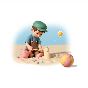 A cartoon character resembling "Luigi" is sitting on a sandy beach, wearing a green cap, a blue shirt, and brown overalls. He is focused on building a detailed sandcastle, using a small red plastic bucket and shovel. Surrounding him are colorful seashells of various shapes and sizes scattered across the sand. Nearby, there is a bright red and yellow beach ball lying on the sand. The sun is shining brightly in the clear blue sky, casting soft shadows on the scene.
