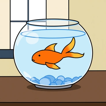 A round fishbowl sitting on a wooden table. The fishbowl is filled with clear water and has a few small pebbles at the bottom. Inside, a single orange fish with flowing fins swims gracefully. The surface of the water is slightly rippled, creating reflections of the fish and the light around it on the smooth glass of the bowl. The table is plain and dark, adding contrast to the bright colors of the fish and the clear water. Sunlight is streaming in from a nearby window, casting soft shadows on the table.