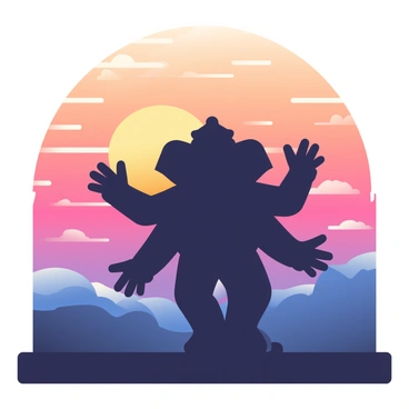 A silhouette of Ganesha is prominently displayed in the foreground. The figure is intricately detailed, showcasing his multiple arms and characteristic features. In the background, a vibrant sunset fills the sky with a gradient of orange, pink, and purple hues. The sun is partially hidden, casting a warm glow that outlines the silhouette of Ganesha. Wispy clouds catch the colors of the sunset, enhancing the overall scene, while the landscape beneath remains darkened, providing a stark contrast to the bright sky above.