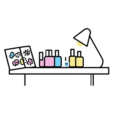 A nail salon station featuring a sleek white table with a glossy surface. On the table, there are several bright nail polish bottles in various colors, arranged neatly. Each bottle has a unique label and a shiny cap. To the side of the table, there is a small display of intricate nail art designs showcasing patterns such as florals, stripes, and geometric shapes. A small lamp is positioned above the station, providing focused light for detailed work.