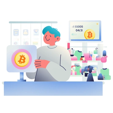 A virtual cashier with a friendly expression is standing at a digital checkout counter. The cashier has short, bright blue hair and is wearing a futuristic, silver uniform. In front of the cashier, a holographic display shows the Bitcoin logo prominently. The checkout area is filled with various digital items for purchase, including virtual clothes and gadgets, all vividly displayed. A digital screen above the counter shows the current Bitcoin exchange rate. Soft lighting highlights the sleek and modern design of the checkout interface.