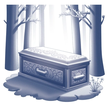 A casket placed in a forest clearing surrounded by tall trees. The casket has ornate carvings on its surface, displaying intricate designs. Soft light emanates from the casket, creating a gentle glow that illuminates the nearby foliage. The ground is covered with a mix of leaves and soft moss. Sunrays filter through the tree branches above, casting dappled shadows around the casket. Delicate flowers grow in clusters nearby, adding to the enchanting atmosphere of the scene.