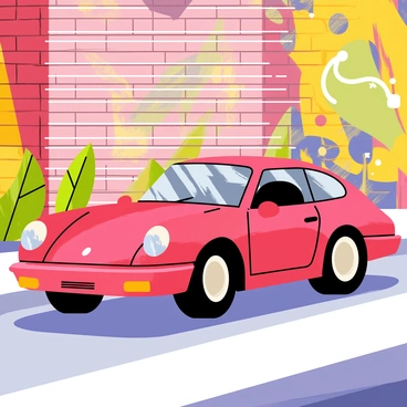A sleek red Porsche sports car is parked next to a vibrant street mural. The mural features colorful abstract shapes and bold patterns. The backdrop shows a brick wall with graffiti elements, creating a dynamic urban environment. Sunlight reflects off the car's shiny surface, highlighting its curves and design. Nearby, a couple of green plants are placed along the sidewalk, adding a touch of nature to the city scene. The overall composition emphasizes the fusion of car culture and urban art.