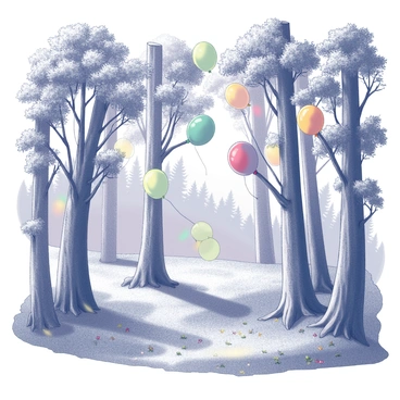 A dense forest filled with tall trees. The trees have trunks that are thick and sturdy, with branches extending outward, supporting vibrant balloons instead of traditional leaves. The balloons are various shapes and sizes, gently swaying in the breeze. The ground is covered with soft grass and small flowers, with scattered patches of sunlight filtering through the branches. In the background, hints of shadowy trees can be seen, adding depth to the forest scene.