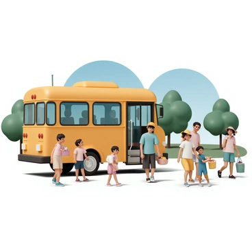 A large, bright yellow bus is parked at the entrance of a park, its doors wide open. Several families are disembarking from the bus, each carrying colorful picnic baskets filled with food. The children in the families are wearing vibrant summer clothing, some with hats and sunglasses. Adults are carrying blankets while guiding their excited kids towards a grassy area in the park. In the background, green trees and a clear blue sky create a cheerful atmosphere.