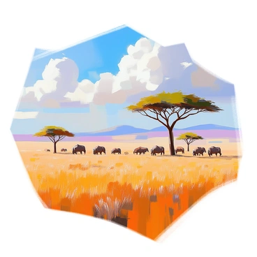 An expansive ancient savanna stretches across the horizon, filled with tall, golden grasses swaying gently in the wind. Scattered throughout the landscape are majestic acacia trees with wide canopies providing shade. In the distance, a herd of large, grazing prehistoric animals, resembling woolly mammoths and giant wildebeests, can be seen moving gracefully. The sky above is a brilliant blue with a few fluffy clouds, adding depth to the serene atmosphere of this prehistoric scene.