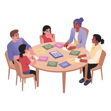 A family is gathered around a round wooden kitchen table. The table is cluttered with several colorful budget envelopes in bright shades of blue, green, yellow, and pink, each labeled with different expenses. A calculator is positioned in the center of the table, displaying numbers. Two adults are seated on one side of the table; one has short brown hair and is wearing a blue shirt, while the other has long black hair tied in a ponytail and is wearing a white blouse. Two children sit on the opposite side; one has curly hair and is wearing a red t-shirt, while the other has straight hair and is wearing a yellow dress. Everyone appears engaged and focused, with papers and pens scattered around, as they discuss their budget plans.