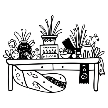 A close-up view of a Haft-Sin table displaying intricate decorations. The table is adorned with various elements symbolizing the Persian New Year, including a bowl of sprouts, a dish of garlic, and decorated eggs. Fresh flowers are arranged artistically throughout, adding a natural touch. Traditional fabrics with detailed patterns are draped elegantly across the table, enhancing the overall composition of the setup.