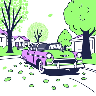 A 50s car is driving down a street lined with trees shedding their leaves. The road is covered with a blanket of leaves in various shapes and sizes, creating a vibrant scene. The car is a classic model, with a sleek design and prominent chrome details. The street is flanked by houses with porches, and in the background, there are more trees displaying their autumn foliage. The sky above is clear, allowing sunlight to filter through the branches and illuminate the scene.