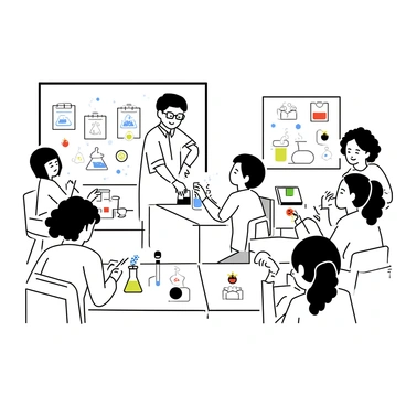 A classroom filled with students at their desks, actively participating in a science experiment. A boy with glasses is pouring a liquid from a beaker into a flask, while a girl with curly hair is watching with excitement. Another student is scribbling notes in a notebook. The teacher, standing at the front, is demonstrating a reaction with bubbling liquids. Various science tools and equipment are scattered across the desks, including test tubes and pipettes. The walls are adorned with colorful educational posters related to science.