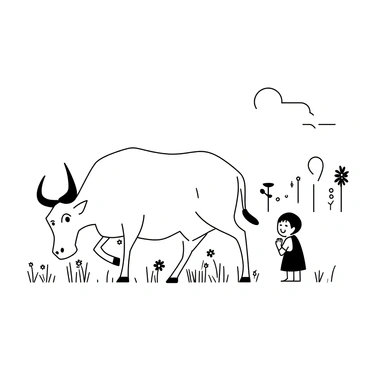 A water buffalo is grazing in a kampung field, its large frame bent down to munch on the lush grass. The field is dotted with patches of wildflowers and tall blades of grass. Nearby, a child is observing the buffalo, with wide eyes and an expression of curiosity. The child is wearing a simple, traditional outfit, standing barefoot on the soft earth. The scene captures the tranquility of rural life, with a few scattered trees in the background and a clear sky above.