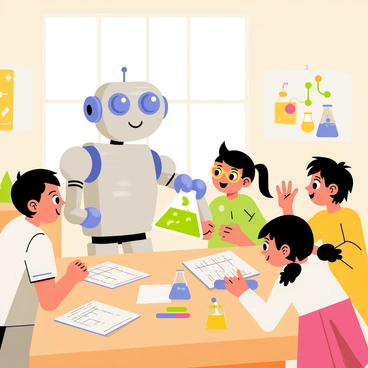 A cheerful robot mascot with a shiny silver body, large expressive blue eyes, and a friendly smile is assisting children with a science project in a brightly lit classroom. The robot has small, flexible arms made of colorful plastic, holding a beaker filled with bubbling green liquid. A group of excited children, including a boy with glasses and a girl with pigtails, gather around a wooden table covered in science materials like notebooks, markers, and other colorful beakers. Posters with science diagrams hang on the walls, and a window allows sunlight to stream in, illuminating the scene.