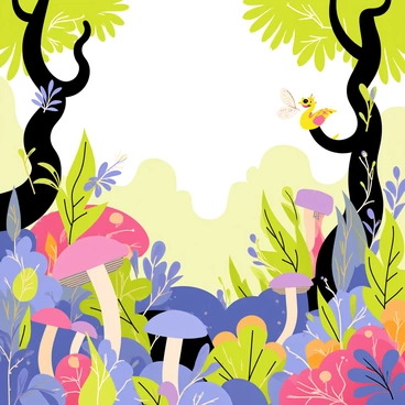 A magical forest scene filled with various whimsical plants. The plants have vibrant, multicolored leaves in unusual shapes and sizes, some glowing softly. There are tall, spiraling trees with twisting trunks and large, oversized mushrooms scattered throughout the forest floor. Among the vegetation, hidden mythical creatures peek out; there is a small dragon with shimmering scales perched on a branch, and a fairy with delicate wings fluttering near a flower. The background features a soft, dappled light filtering through the canopy, creating a mystical atmosphere.