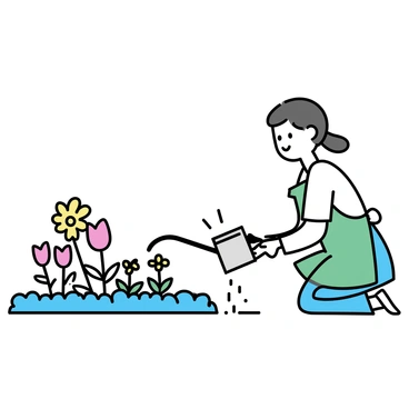 A servant, wearing a simple green apron, kneels on the soft soil in a lush garden. They are carefully watering a variety of colorful flowers, including red tulips and yellow daisies. Surrounding the flowers, there are neatly trimmed hedges creating a structured look. The sunlight casts gentle shadows on the ground, enhancing the vibrant colors of the garden.