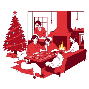 A red and white cozy living room is decorated for the holidays, featuring a large, crackling fireplace with flames dancing inside. Friends and family are gathered around a wooden table, engaging in a game of "loto." They are smiling and laughing, with some holding game cards and others gathering tokens. A beautifully adorned Christmas tree stands tall in the corner, with twinkling lights and colorful ornaments. Soft blankets are draped over the couch, where a fluffy white cat is curled up peacefully. The atmosphere is warm and inviting, filled with joyful interactions.