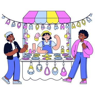 A festival booth with a colorful awning displaying a variety of quirky accessories. The booth's table is filled with vibrant carabiner keychains in different colors and shapes, each featuring unique designs like animals and abstract patterns. There are handmade bracelets and whimsical pins also arranged neatly on the table. Behind the table, a friendly vendor smiles at potential customers, surrounded by festive decorations like string lights and banners. The atmosphere is lively, with people browsing and chatting nearby.