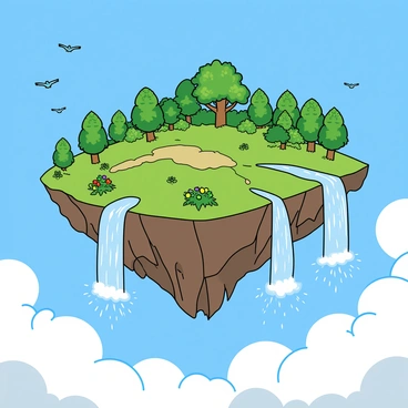A floating island in the sky with waterfalls cascading into the clouds