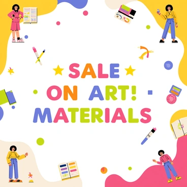 A promotional flyer featuring a vibrant background with various illustrations of "Nami" in different poses. Each illustration of "Nami" showcases her unique outfit and expressions, creating an engaging visual dynamic. The central area of the flyer contains bold text announcing a "SALE ON ART MATERIALS" in eye-catching typography. Colorful graphics of art supplies, such as paintbrushes, paints, and sketchbooks, are scattered around the text, enhancing the theme of creativity and artistry. The overall layout is designed to draw attention while providing clear information about the sale.