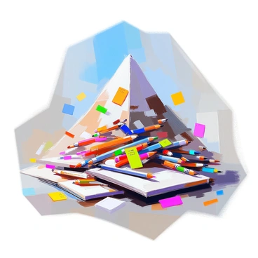 A mountain peak composed of various art supplies, including colored pencils, paint tubes, brushes, and sketchbooks, is stacked meticulously to form the summit. Scattered among the art materials are colorful price tags, fluttering slightly in a gentle breeze. The peak is set against a clear blue sky, highlighting the vibrant colors of the art supplies. The base of the mountain is adorned with smaller supplies and tags, adding depth to the composition.