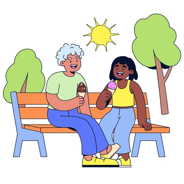 Two friends are sitting on a wooden park bench. One friend has curly hair and is wearing a light green t-shirt, while the other friend has straight hair and is wearing a yellow tank top. They are both holding ice cream cones, with one cone having a scoop of chocolate ice cream and the other a scoop of strawberry ice cream. The sun is shining brightly, casting soft shadows on the ground. In the background, there are green trees lightly swaying in a gentle breeze. The friends are smiling and laughing, enjoying their time together.