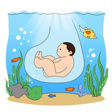 A vibrant underwater scene illustrates a baby floating safely within a translucent womb. The womb is surrounded by shimmering bubbles and gentle waves, creating a sense of calm. Various colorful fish swim nearby, peeking curiously at the womb, while soft, flowing seaweed sways in the current. Sunlight filters down from above, casting soft rays that illuminate the baby, whose tiny features are clearly visible. The water is a soothing shade of blue with hints of green, enhancing the tranquil atmosphere of the underwater world.