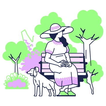 A lady wearing a wide-brimmed hat decorated with lace is sitting on a wooden park bench. The hat casts a shadow over her face, partially obscuring her features. She is dressed in a light-colored summer dress with short sleeves, and she holds a small book in her lap. Around her, several green trees provide shade, their leaves rustling gently in the breeze. In the background, there is a flower bed with various blooming flowers, and a well-maintained pathway leads away from the bench. A small dog sits beside her, looking attentively at her.