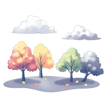 A landscape depicting the transition of seasons during autumn. On one side, warm air is represented by soft, textured clouds in the sky, while the opposite side features cooler, sharper clouds. Below, trees display vibrant autumn foliage, with leaves in various states of change, some still green, others turning shades of yellow and orange. The ground is covered with fallen leaves, and there are gentle breezes creating movement among the branches. The scene captures the dynamic interplay between the warm and cold air masses, highlighting the seasonal shift.