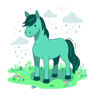 A teal pony stands in a lush green field, surrounded by small clusters of colorful flowers. The pony's coat is shiny, with raindrops glistening on its surface, reflecting light. Light gray clouds fill the sky, with gentle rain falling around the pony. The ground is slightly muddy, with puddles forming at the pony's hooves. The pony appears content, with its mane slightly damp and blowing softly in the breeze.
