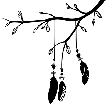 A bohemian-style necklace made of feathers and beads hanging from a tree branch. The tree branch is thin, with several smaller twigs branching out, each adorned with small leaves. The sunset casts a gradient in the background, transitioning from black to white, creating a serene atmosphere. The necklace sways gently in the breeze, with the feathers fluttering slightly. The beads catch the light, creating reflections around them.
