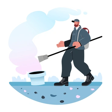 A chimney sweep is standing on a rooftop, using a long brush to clean out soot from a chimney. The chimney sweep is wearing a vintage-style cap and a dark coat, accented by a tool belt filled with traditional cleaning tools. There are scattered pieces of soot around the base of the chimney, and the sky above is filled with soft gradient pastel colors transitioning from light blue to soft pink. In the background, silhouettes of distant rooftops can be seen. The scene captures the essence of a calm, early morning as the sun begins to rise.