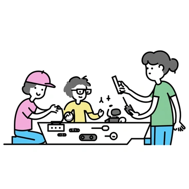 A group of three kids are seated at a workbench, focused on building small robots. One child, wearing a red cap, is carefully attaching a plastic wheel to the base of a robot. Another child, with glasses, is holding a screwdriver, ready to help secure the parts. The third child, wearing a green shirt, is examining a circuit board with a look of concentration. A teacher, with a clipboard in hand, stands beside them, pointing to an instruction manual open on the table. The workspace is filled with various robot parts and tools scattered around, creating an engaging environment for learning.