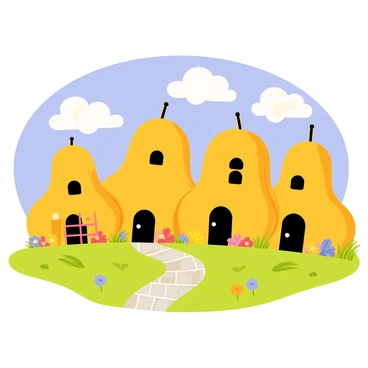 A tiny village with whimsical houses shaped like "butternut squash." Each house features "small, rounded windows" and "arched doors" that complement the squash shape. Lush green grass surrounds the village, dotted with "colorful flower beds" in vivid hues. A narrow cobblestone path winds through the village, leading to each uniquely shaped house. Bright blue skies with fluffy white clouds provide a cheerful backdrop to the charming scene.