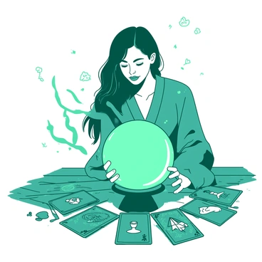 A teal fortune teller wearing flowing robes gazes intently into a large, glowing crystal ball placed on a wooden table. Surrounding her are various tarot cards spread out on the table, each card displaying intricate illustrations. Mysterious symbols are etched into the table and float in the air around the fortune teller, creating an enchanting atmosphere. The fortune teller's long hair cascades down her shoulders, and her hands are delicately positioned around the crystal ball as she prepares to unveil secrets.