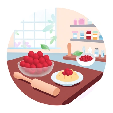 A cozy kitchen is filled with warm light illuminating the space. A wooden countertop is covered with fresh cherries, their vibrant red hues contrasting with the rich brown of the surface. A rolling pin rests nearby, with a slightly floured surface showing signs of pastry preparation. A bowl filled with cherry filling sits next to the cherries, and a pie dish is ready for assembly. In the background, shelves are lined with jars of preserves and spices, adding to the inviting atmosphere. A window shows hints of greenery outside, completing the homely setting.