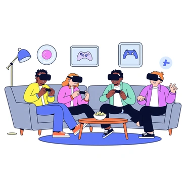 A group of three friends is wearing virtual reality headsets and holding controllers, engaged in a game together. They are seated on a large, comfortable sofa covered in gray fabric, positioned in the center of a cozy living room. The room features soft ambient lighting, with a floor lamp in one corner and a coffee table in front of the sofa. Various gaming posters hang on the walls, and there is a rug on the wooden floor underneath the table. One friend is laughing while another gestures excitedly, and the third appears focused on the game. A bowl of popcorn rests on the coffee table.