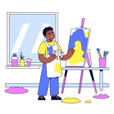 An artist standing in a bright studio, focused on painting a large canvas. The canvas features bold strokes of color, primarily in hues of blue and yellow. Around the artist, there are colorful splashes of paint on the floor and walls. Various paintbrushes in different sizes are scattered on a nearby table. The studio is well-lit with natural light streaming in through a large window. The artist is wearing a paint-splattered apron, and a palette with vibrant colors is held in one hand.
