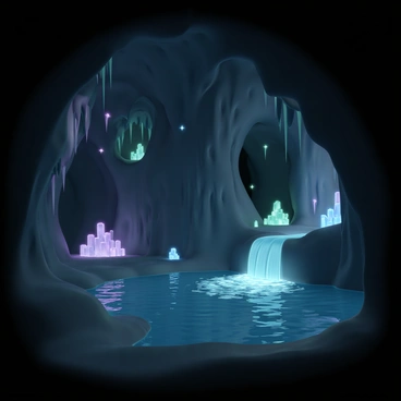 A dark, mysterious cave with intricate rock formations. The walls are adorned with glowing crystals in various shades of blue, purple, and green, casting an ethereal light throughout the cave. In one area, an underground waterfall cascades down smooth stones, creating ripples in a clear pool below. The water is illuminated by the crystals, reflecting shimmering patterns on the cave walls. Stalactites hang from the ceiling, and the air is humid, giving the scene an enchanting, otherworldly atmosphere.